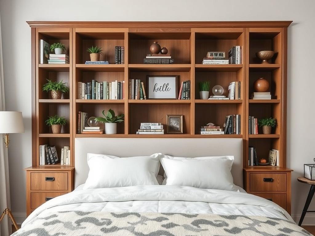 Built-in bookshelf headboard with storage compartments