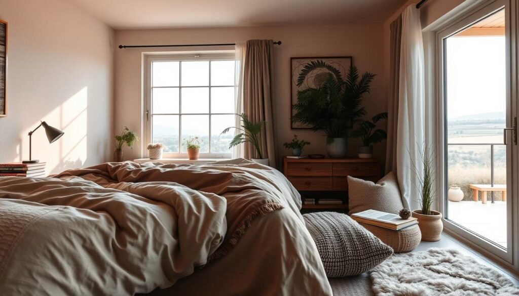 Cozy bedroom with soft, warm lighting, a plush king-size bed draped in cozy bedding, and a mix of neutral and earthy tones. A wooden nightstand with a vintage-style lamp and a stack of books creates a welcoming, lived-in atmosphere. In the background, a large window overlooks a serene landscape, allowing natural light to filter in and add to the tranquil ambiance. The room is adorned with textured throw pillows, a fuzzy area rug, and a few potted plants, reflecting a harmonious blend of comfort and style. The camera angle captures the scene from a slightly elevated perspective, showcasing the inviting and relaxing nature of this cozy bedroom retreat.