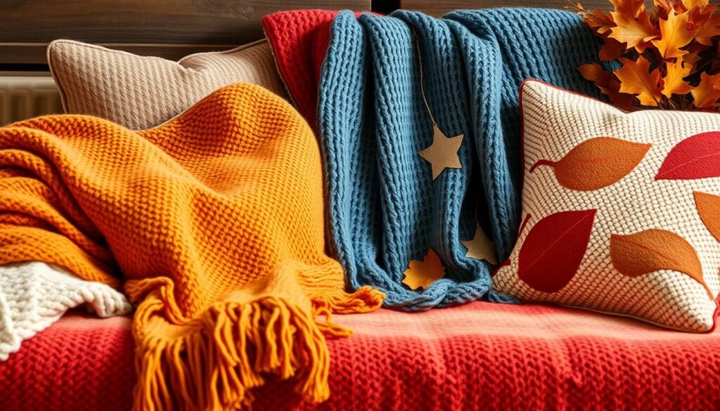 Cozy throw blankets and pillows in autumn colors