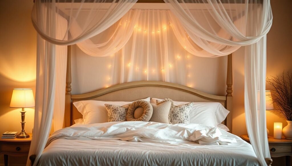 Create an image of a cozy bedroom with soft lighting, candles, and a dreamy canopy bed.