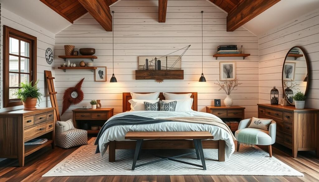 Create an image of a modern farmhouse bedroom with shiplap walls, rustic accents, and contemporary furniture.