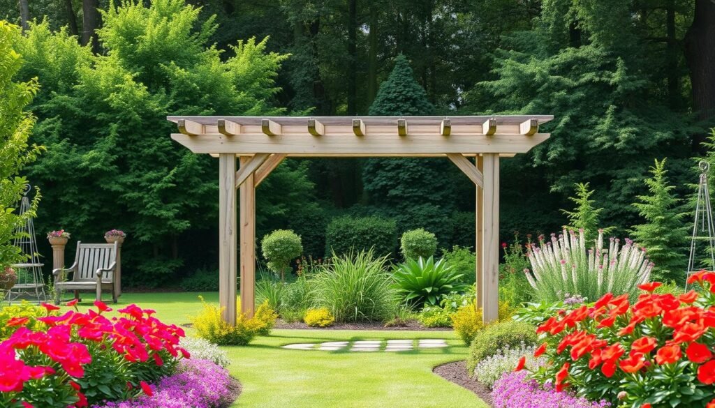 Create an image of a simple pergola in a garden setting. Create an image of a simple pergola in a garden setting.