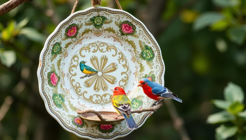 Create an image of an old plate being transformed into a bird feeder. Create an image of an old plate being transformed into a bird feeder.