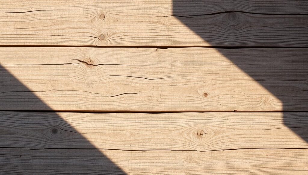 Distressed weathered wood planks, with rustic knots, cracks and uneven textures. Warm natural lighting casts soft shadows, highlighting the aged, worn appearance. The wood has a muted, slightly faded color palette with hints of gray, brown and golden tones. The planks are arranged in a random, haphazard pattern, creating an organic, imperfect composition. There is a sense of character and history to the surface, conveying a cozy, lived-in aesthetic. The overall mood is one of charming, vintage elegance, perfect for a shabby chic living room setting.