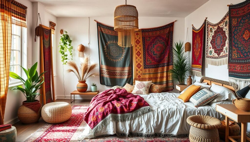 Generate an image of a bohemian bedroom with eclectic charm, featuring a mix of global textiles, natural elements, and vibrant patterns.