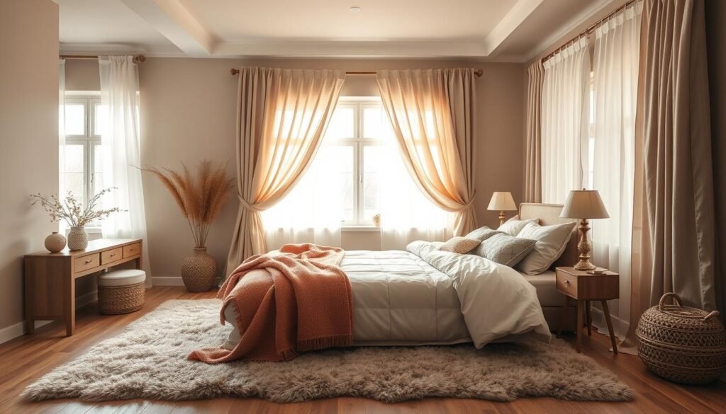 Generate an image of a cozy bedroom with layered fabrics, plush rugs, and soft window treatments.