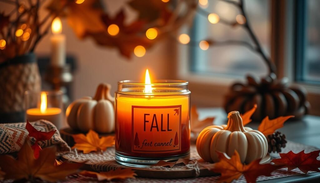 Generate an image of a fall-scented candle in a cozy setting.