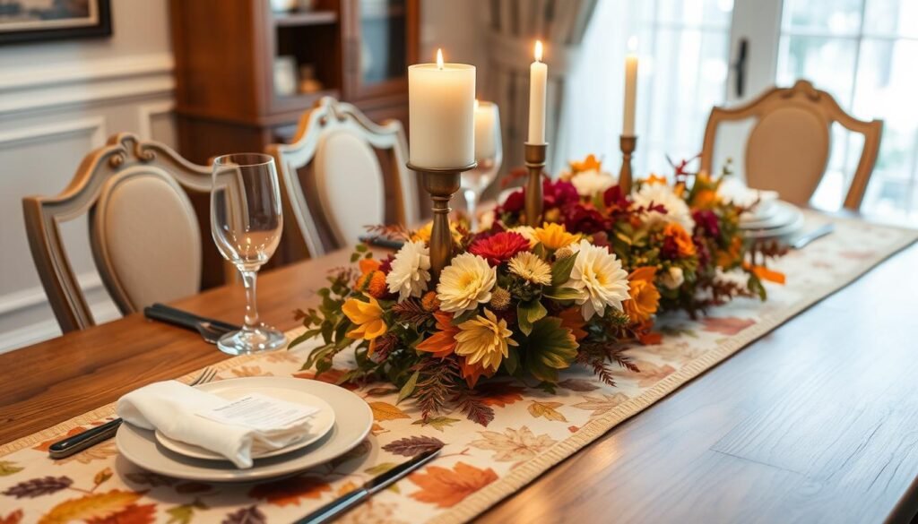 Generate an image of a fall-themed table runner with a centerpiece featuring seasonal flowers and candles.