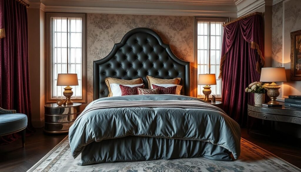 Generate an image of a luxurious bedroom with a velvet headboard, sumptuous bedding, and rich fabrics.