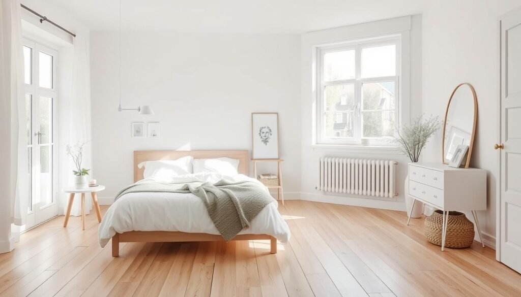 Generate an image of a serene Scandinavian bedroom with light wood flooring and an all-white color palette.