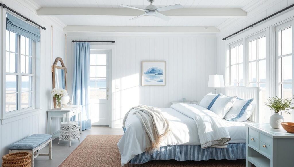 Generate an image of a serene coastal bedroom with blue and white decor, natural light, and breezy textiles.