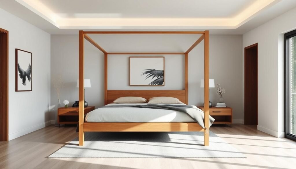 Generate an image of a serene minimalist bedroom with a clean-lined maple four poster bed and subtle artwork.