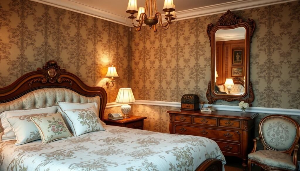 Generate an image of a vintage bedroom with a tufted headboard, ornate mirror, and classic patterns like toile or damask.