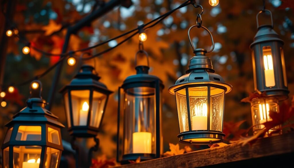 Generate an image of lanterns and string lights in a fall setting.