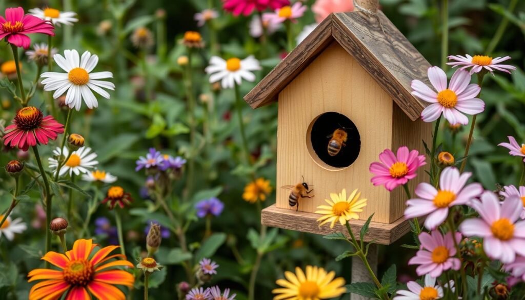 Image of a Mason Bee house installed in a garden Image of a Mason Bee house installed in a garden