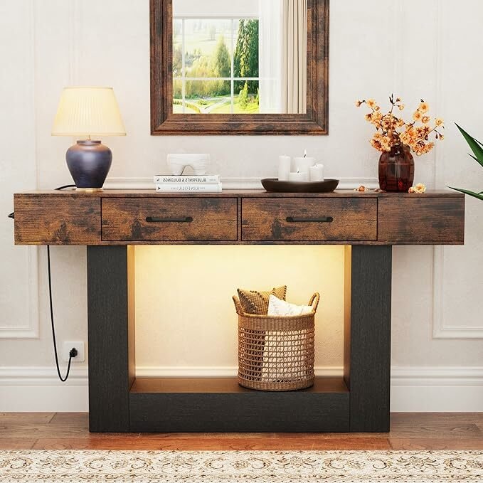  Long Console Table with LED Lights & Charging Station,2-Tier Entryway Table
