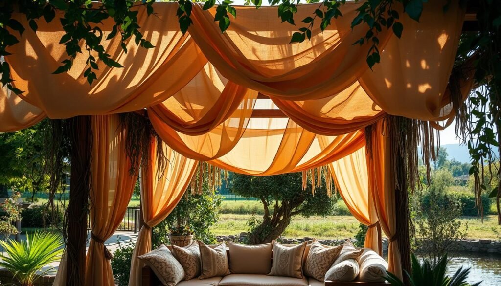 Lush, bohemian canopies draped in natural, earthy fabrics cascade overhead, casting a warm, inviting glow across a secluded garden oasis. In the foreground, a intricate pergola frames the scene, its wooden beams intertwined with trailing vines and cascading greenery. The middle ground features a cozy seating area, plush cushions and textured throw pillows in muted tones creating a cozy, relaxed ambiance. Dappled sunlight filters through the canopy, illuminating the scene with a soft, romantic light. The background hints at a serene landscape, perhaps a small pond or burbling stream, further enhancing the tranquil, nature-inspired atmosphere. Overall, the image evokes a sense of rustic elegance and bohemian charm, perfectly capturing the essence of a lush, inviting backyard oasis.