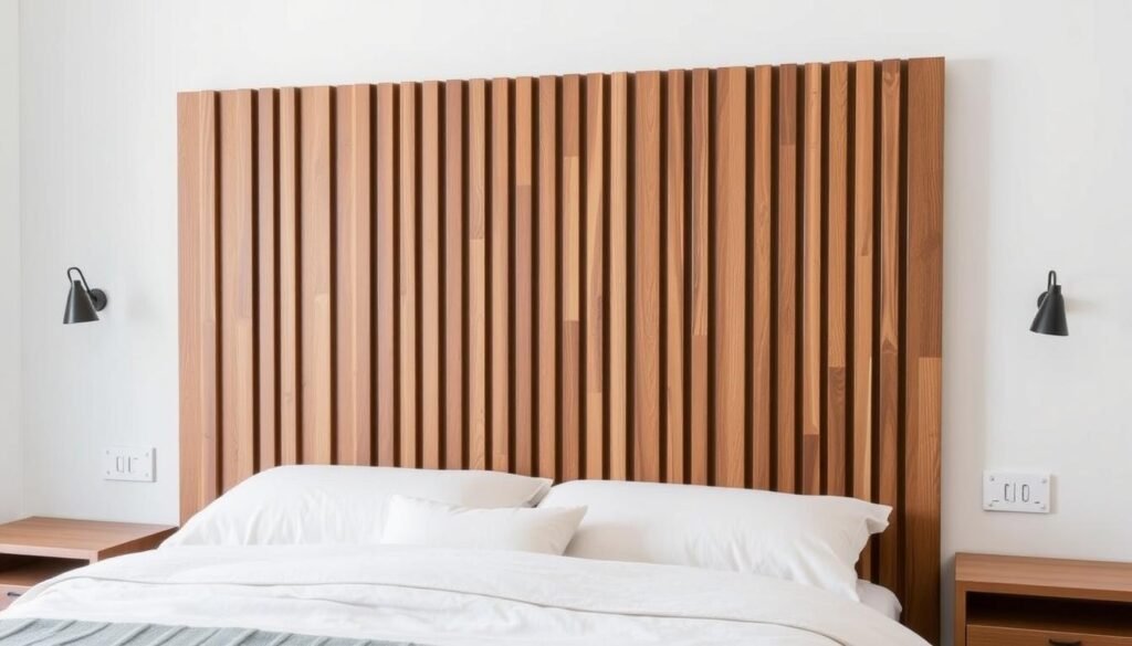 Modern vertical wood slat headboard with even spacing