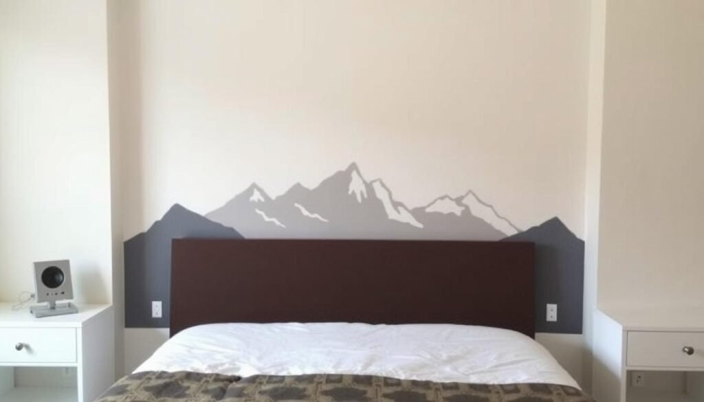 Painted wall mural acting as a headboard behind bed