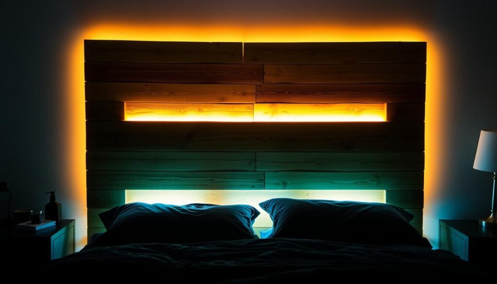 Pallet wood headboard with LED backlighting creating ambient glow