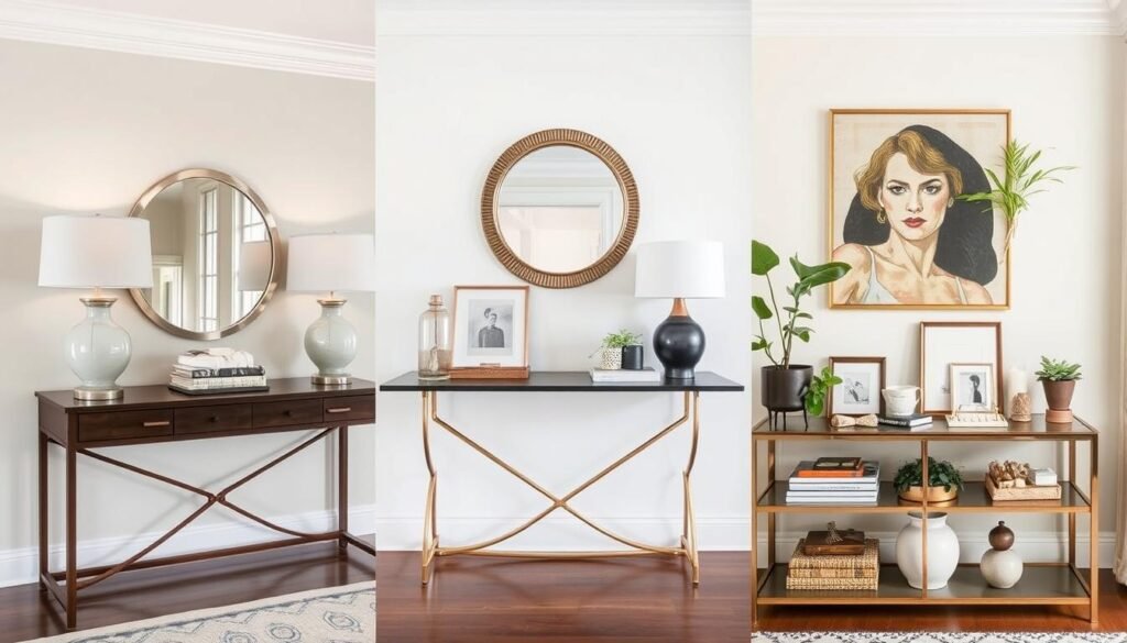 Professionally styled console tables showing different decorating approaches