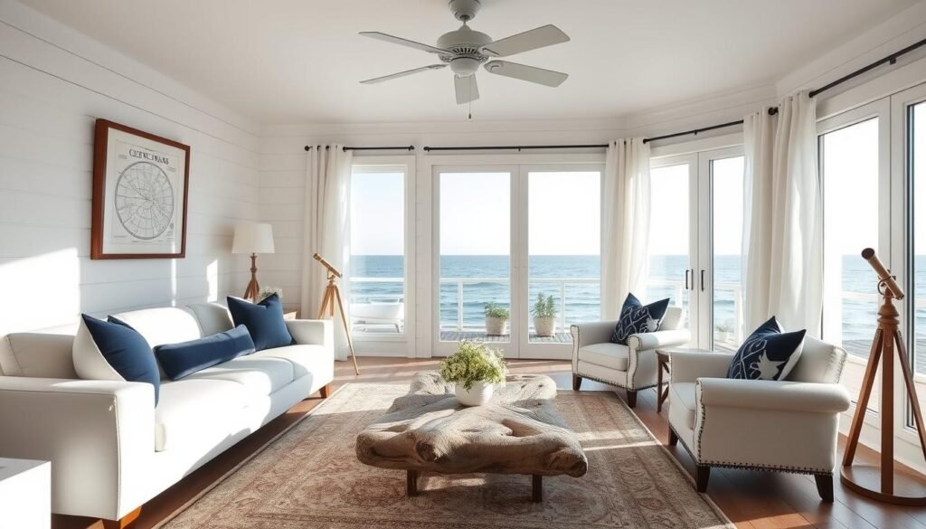 Serene coastal living room bathed in gentle natural light. Plush white sofa and armchair set against a backdrop of crisp white walls and shiplap paneling. Accents of navy blue in the decorative throw pillows, curtains, and area rug create a soothing nautical vibe. Framed nautical charts, a brass telescope, and a driftwood coffee table add authentic seaside touches. Large windows offer panoramic views of a sun-dappled seascape. Soft white sheer curtains billow in the ocean breeze. Overhead, a white wooden ceiling fan gently circulates the air. The overall atmosphere is one of tranquil, beachy elegance.