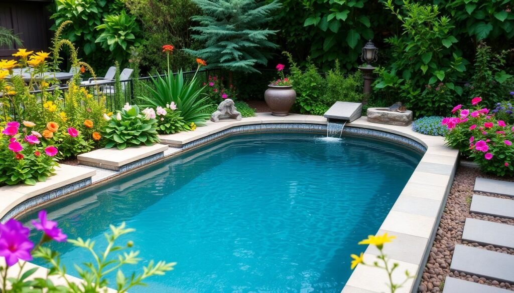 Stock tank pool in a garden Stock tank pool in a garden