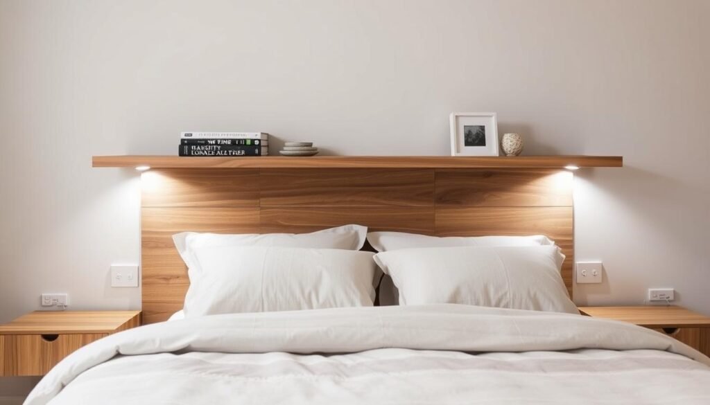 Wooden floating shelf headboard with integrated reading lights