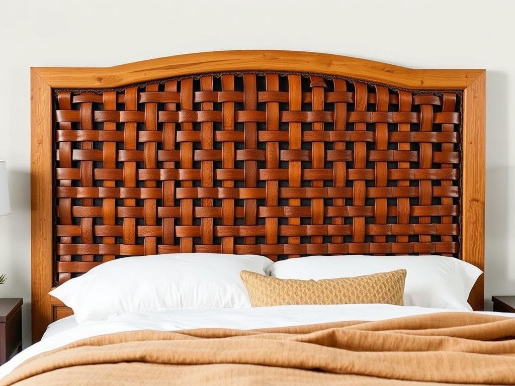 Woven leather strap headboard with wooden frame