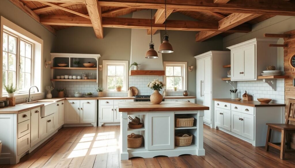 a rustic farmhouse kitchen with a warm and inviting color palette, featuring a center island with a butcher block countertop, white shaker-style cabinets, and vintage-inspired light fixtures casting a soft glow. the walls are painted in a muted sage green, complemented by natural wood accents and exposed ceiling beams. the floor is covered in distressed hardwood planks, and the overall atmosphere evokes a sense of timeless charm and countryside living. the scene is bathed in natural light streaming through large windows, creating a cozy and welcoming ambiance.