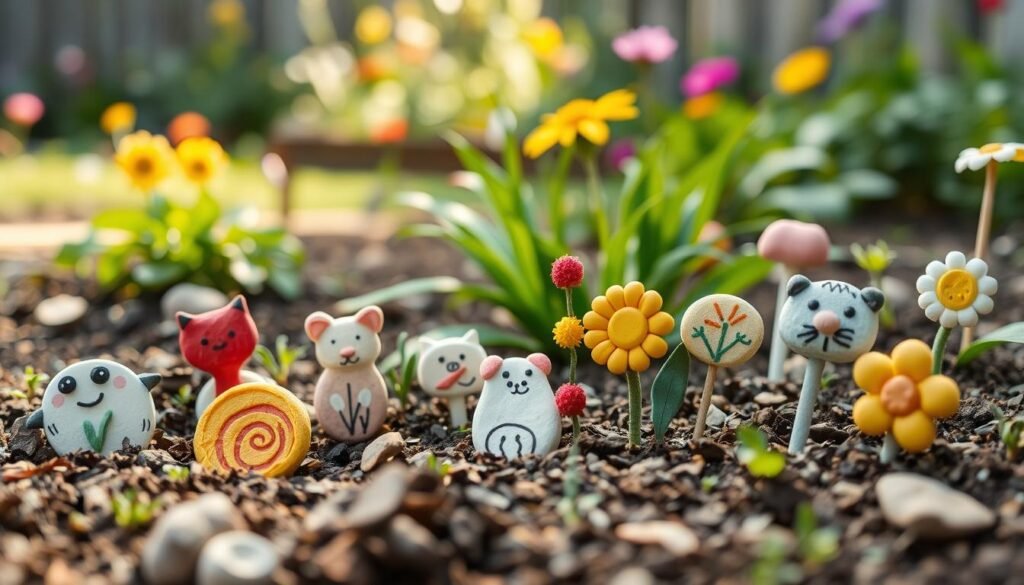 whimsical garden markers for a kid-friendly backyard, handmade from colorful clay with simple drawings of animals, flowers, and nature motifs, arranged in an organic, free-flowing layout on a garden bed with soft, diffused natural light, low angle to capture the joy and creativity of the markers, warm, inviting atmosphere conveying a sense of wonder and discovery whimsical garden markers for a kid-friendly backyard, handmade from colorful clay with simple drawings of animals, flowers, and nature motifs, arranged in an organic, free-flowing layout on a garden bed with soft, diffused natural light, low angle to capture the joy and creativity of the markers, warm, inviting atmosphere conveying a sense of wonder and discovery